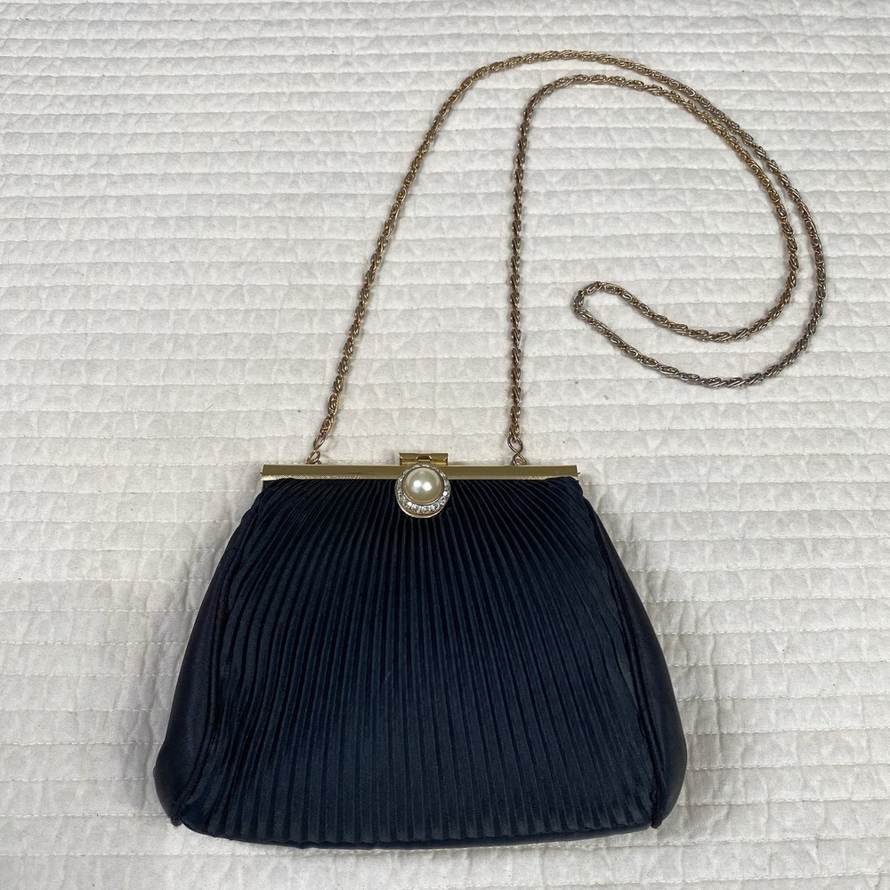 Womens Black Shoulder Chain Strap Pleated Mini Clutch Purse Party Wedding Guest